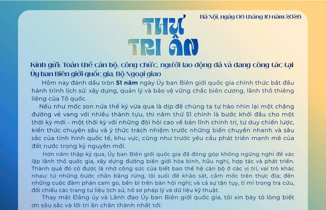 Thư chúc mừng 51 năm ngày thành lập Uỷ ban Biên giới quốc gia (06/10/1975 - 06/10/2026) của Chủ nhiệm Nguyễn Đăng Thắng